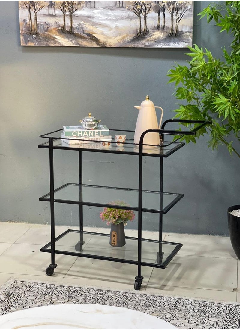 alimforyou - Black iron serving cart, 3 floors, clear glass, equipped with wheels. The cart comes in a size of 90*80*40 cm. - Image 1