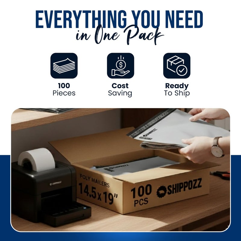Shippozz 14.5x19 Poly Mailers 100 Pack, Durable Waterproof Polymailers for Shipping Clothes, Self Seal Mailing Bags for Small Business Packaging Supplies, Mailing Envelopes for Books, and Accessories - Image 4