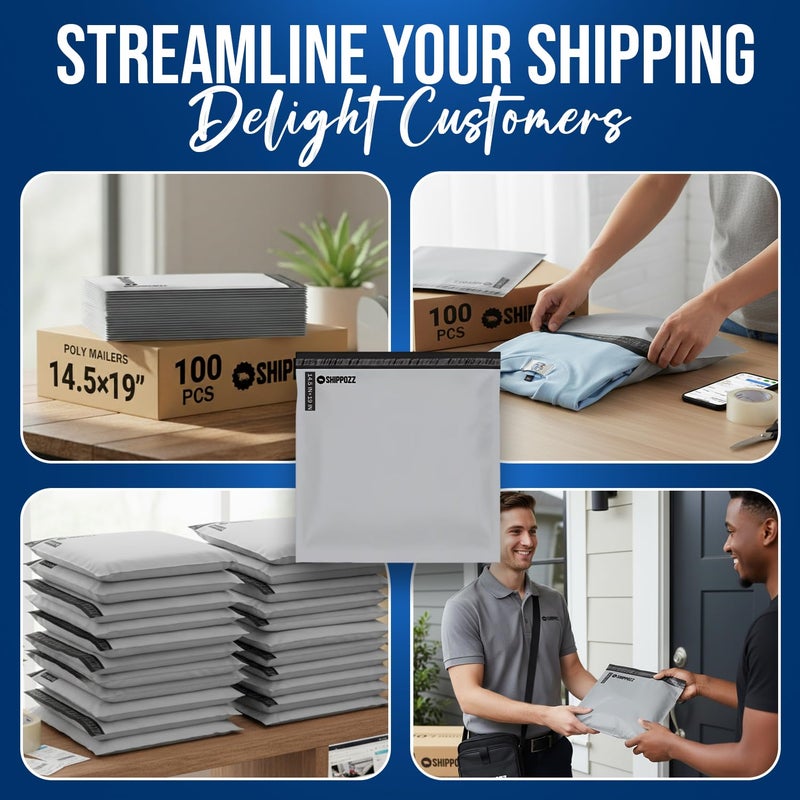 Shippozz 14.5x19 Poly Mailers 100 Pack, Durable Waterproof Polymailers for Shipping Clothes, Self Seal Mailing Bags for Small Business Packaging Supplies, Mailing Envelopes for Books, and Accessories - Image 5