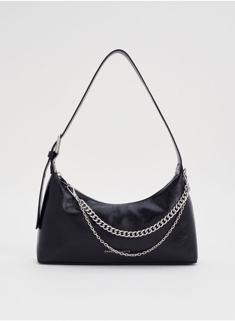 Charles & Keith CHARLES & KEITH Shoulder Bag & Crossbody Bag Atwood Crinkle-Effect Chain-Embellished Hobo Bag - Black  - Image 1