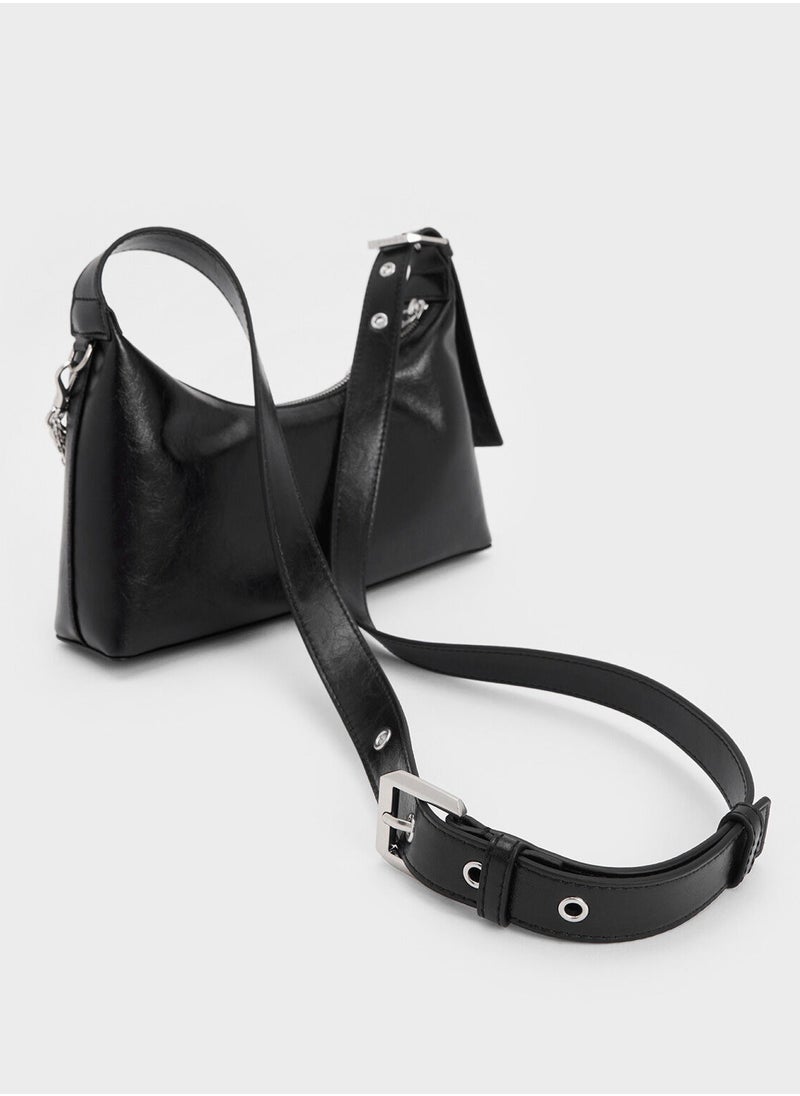 Charles & Keith CHARLES & KEITH Shoulder Bag & Crossbody Bag Atwood Crinkle-Effect Chain-Embellished Hobo Bag - Black  - Image 2