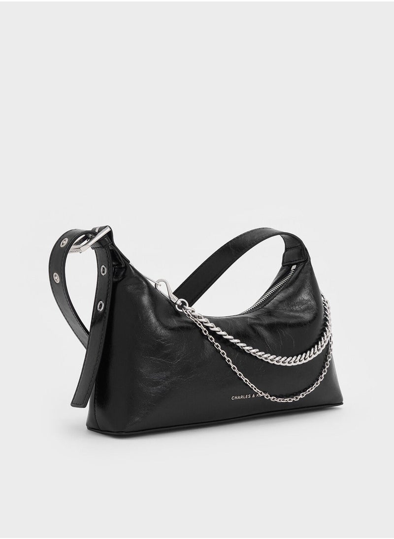 Charles & Keith CHARLES & KEITH Shoulder Bag & Crossbody Bag Atwood Crinkle-Effect Chain-Embellished Hobo Bag - Black  - Image 3