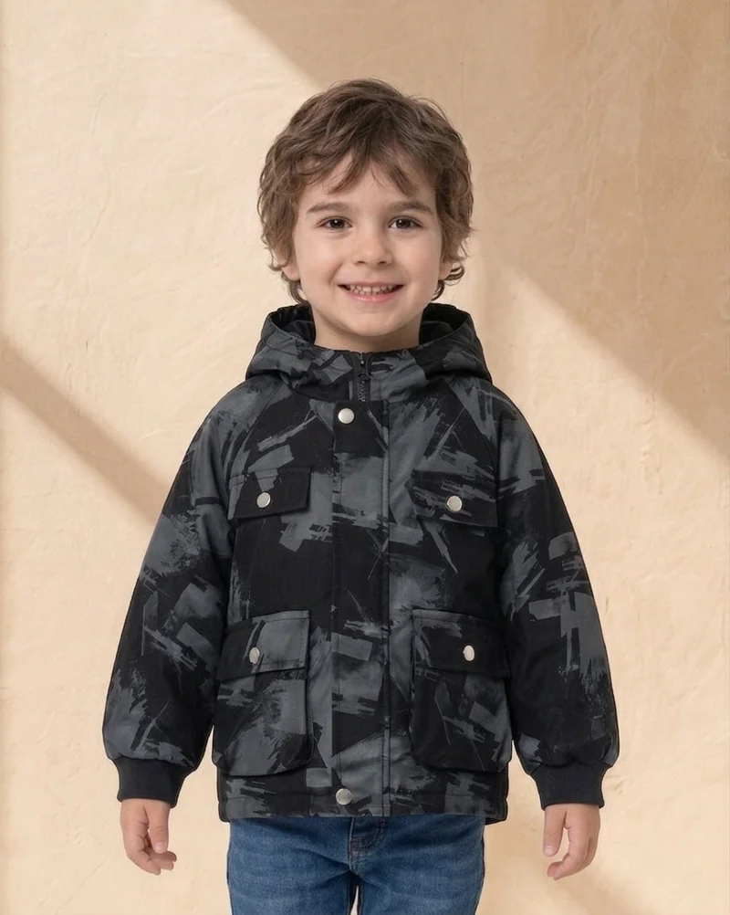 REDTAG Boys Black Printed Hooded Jacket