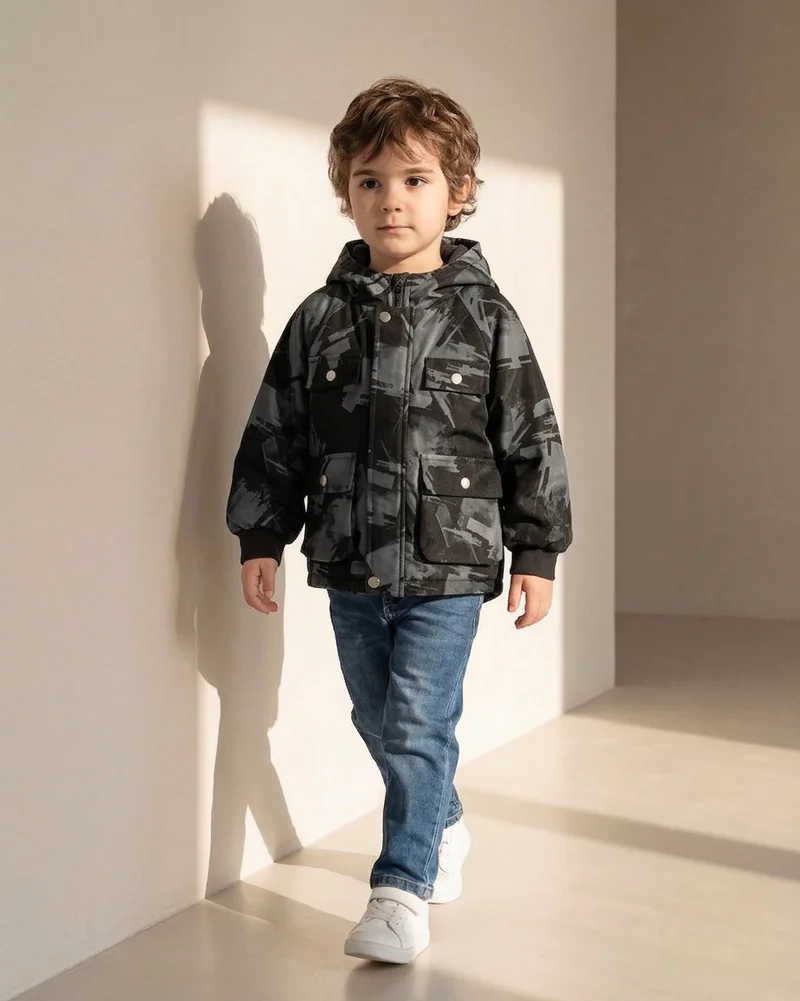 REDTAG Boys Black Printed Hooded Jacket