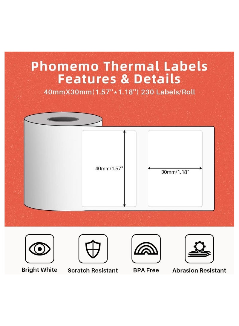 phomemo 3 Rolls Thermal Paper 1.57'' x 1.18''(40x30mm) Label Maker, for Sticker, Barcode, Images Printer Labels, 230Labels/Roll, Black on White M120/M110/M110S/M200/M220 - Image 2