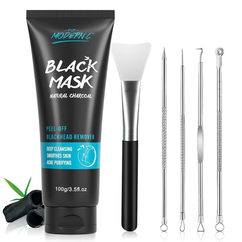 POP MODERN.C Blackhead Remover Mask Bamboo Charcoal Peel Off Mask Skin Care Face Mask 3-in-1 Kit Pimple & Deep Cleansing Black Facial Mask Shrink Pore With Blackhead Remover Extractor Tools - Image 1