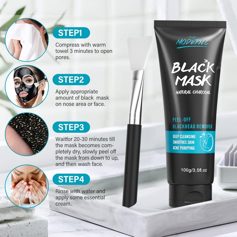 POP MODERN.C Blackhead Remover Mask Bamboo Charcoal Peel Off Mask Skin Care Face Mask 3-in-1 Kit Pimple & Deep Cleansing Black Facial Mask Shrink Pore With Blackhead Remover Extractor Tools - Image 4