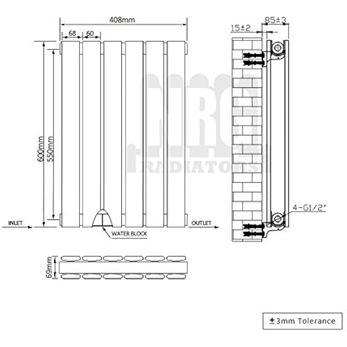 NRG BATHROOM 600X408 MM ANTHRACITE COLUMN DESIGNER RADIATOR HORIZONTAL DOUBLE FLAT PANEL - Image 3