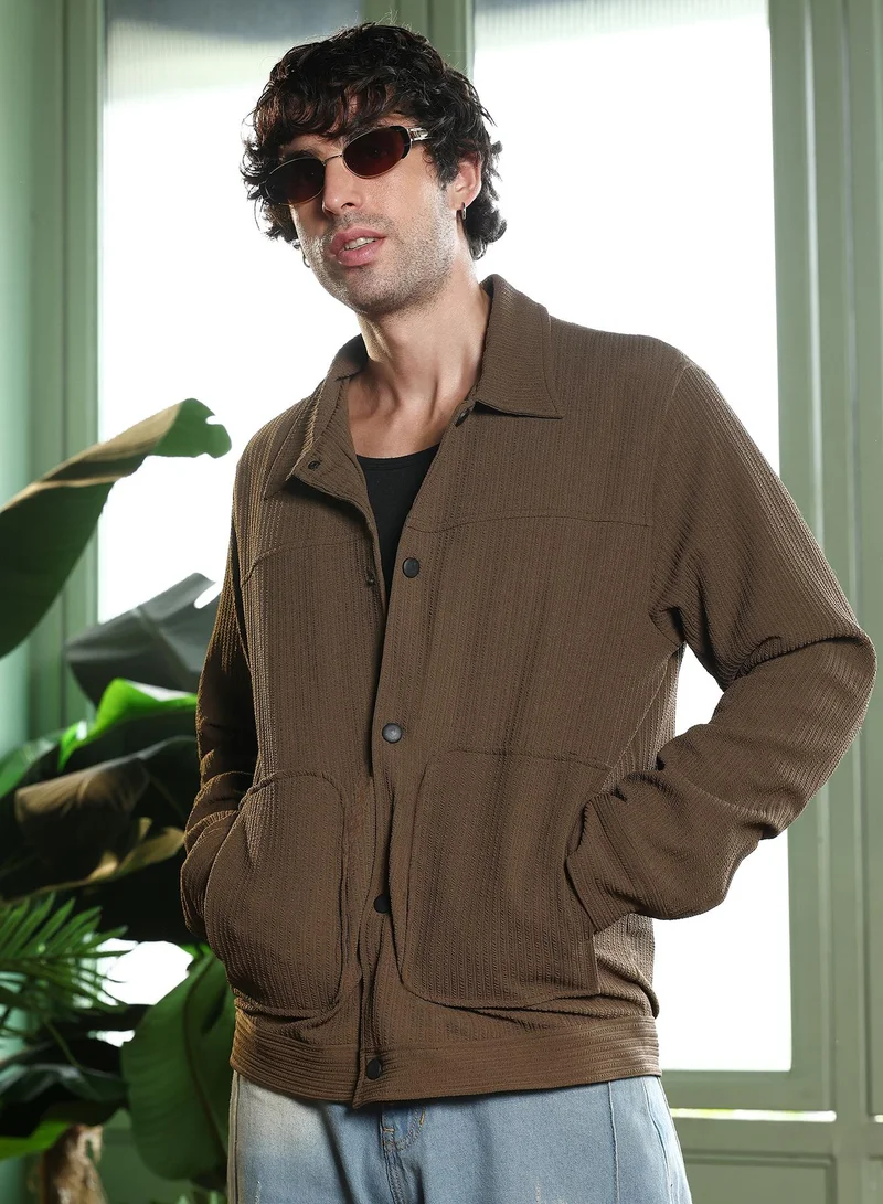 Men Crease-Tactile Panelled Jacket | Point Collar, Long Button-Cuff Sleeves | Snap Button , Band-Straight Hem | Solid Textured | Woven Fabric For Casual & Daily Wear | Moss Brown