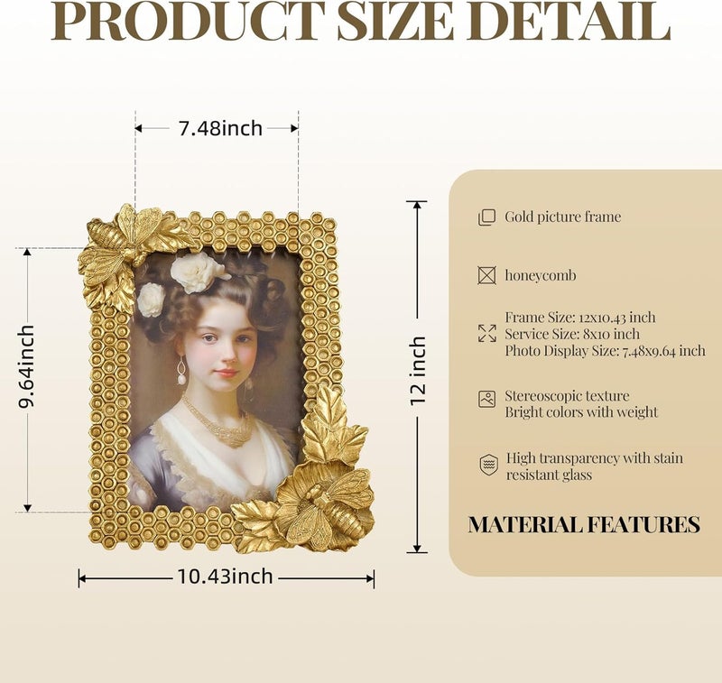 Cuspin إطار صور ذهبي مقاس 8×10 من ، إطار صور مزخرف من الراتنج بنقوش، مع واجهة زجاجية، تصميم عتيق لتزيين المنزل أو كهدية. - Image 5