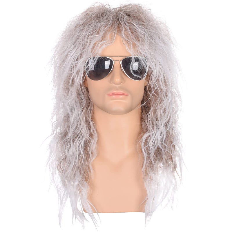 morvally Mens 80s Style Wigs Long Curly Silver Gradient Brown Synthetic Hair Heavy Metal Glam RockRocker Wig Perfect for Halloween Cosplay DIY Themed Costume Party