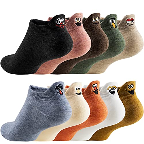 IBEILLI Women Cute Socks 10 Pairs Cotton Kawaii Embroidered Funny Low Cut Ankle Socks for Women Girls (Sesame 10 Pack Street with Gift Box) - Image 1