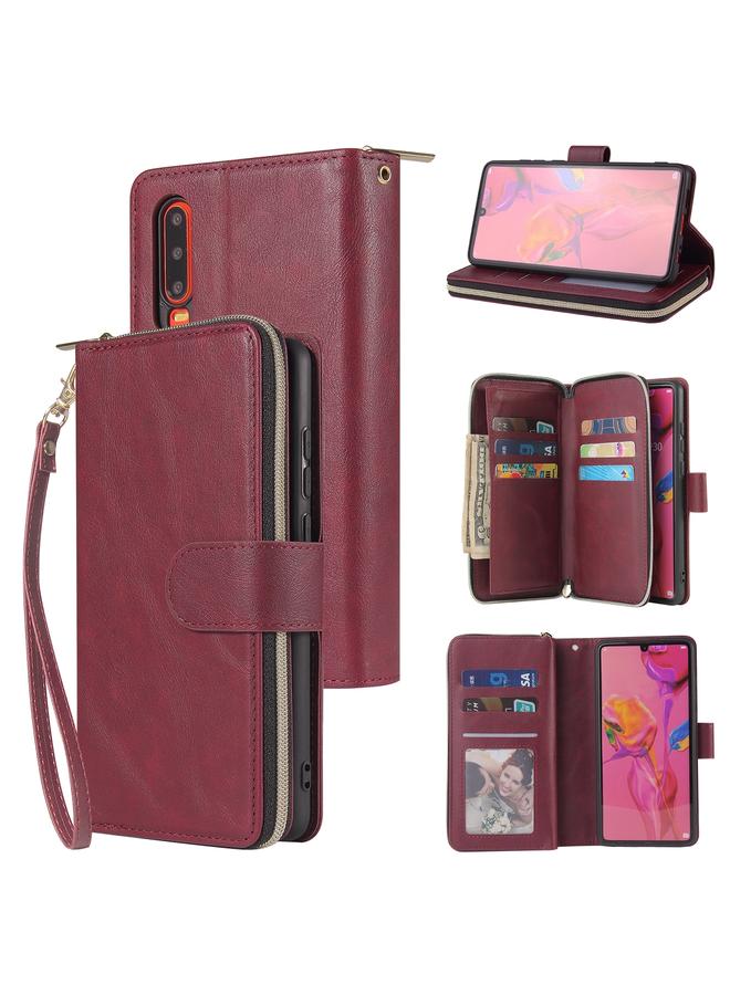 زبون جراب لهاتف Huawei P30، حقيبة محفظة بسحاب، جراب جلدي PU قلاب أفقي مع حامل و9 فتحات للبطاقات ومحفظة وحبل وإطار للصور - Image 1