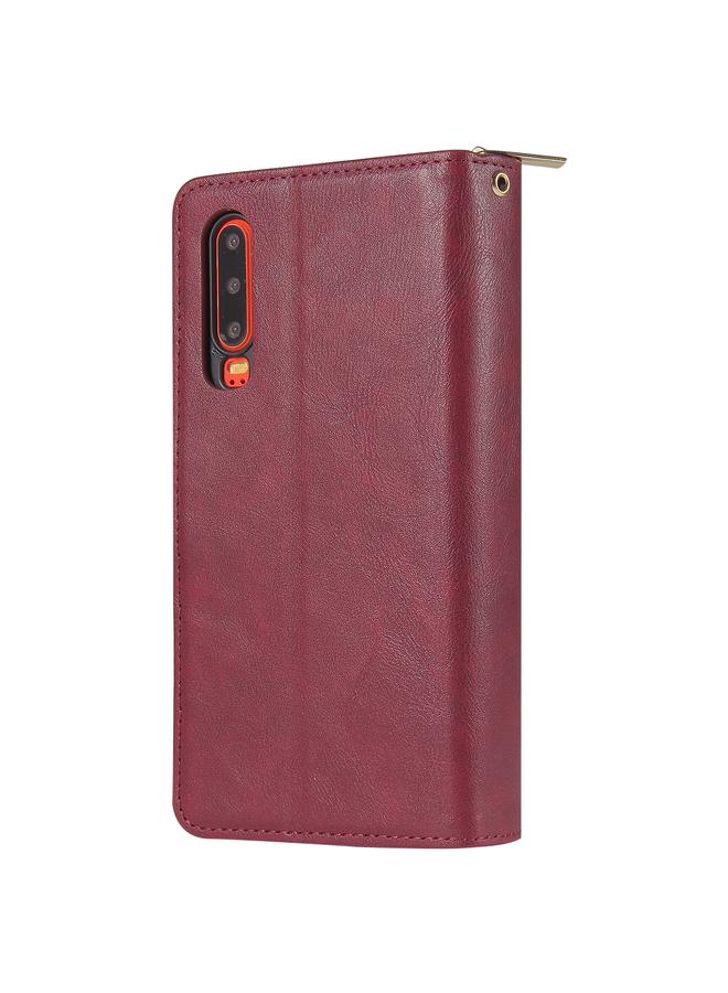 زبون جراب لهاتف Huawei P30، حقيبة محفظة بسحاب، جراب جلدي PU قلاب أفقي مع حامل و9 فتحات للبطاقات ومحفظة وحبل وإطار للصور - Image 3