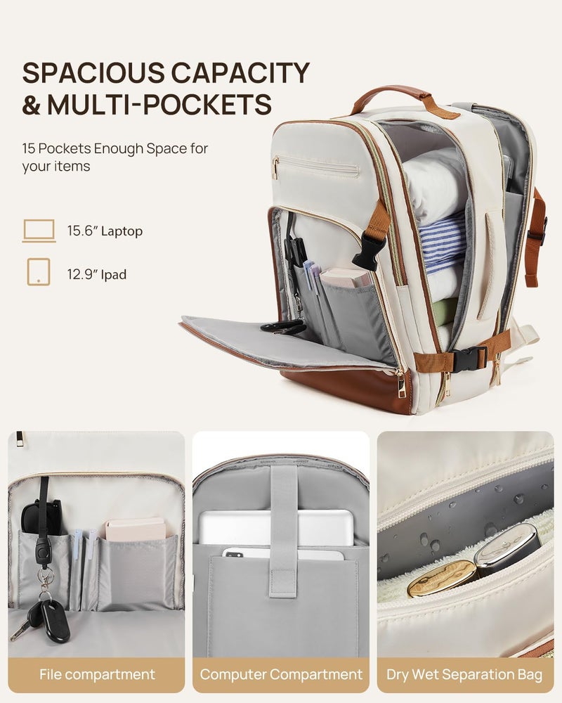 Telena Travel Backpack for Women, 15.6 inch Laptop Backpack TSA Carry on Backpack Personal Item Size Flight Approved Travel Bag Daypack with Multi-Pockets for Work, Travel, Business, Beige-Brown - Image 2