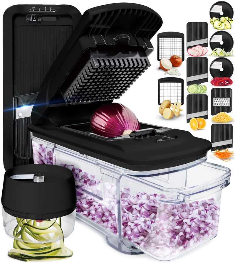 Fullstar Allin1 Vegetable Chopper and Mandoline Slicer for Kitchen Cheese Grater French Fry Cutter Cheese Slicer Bonus Handheld Spiralizer Included 6 in 1 Black