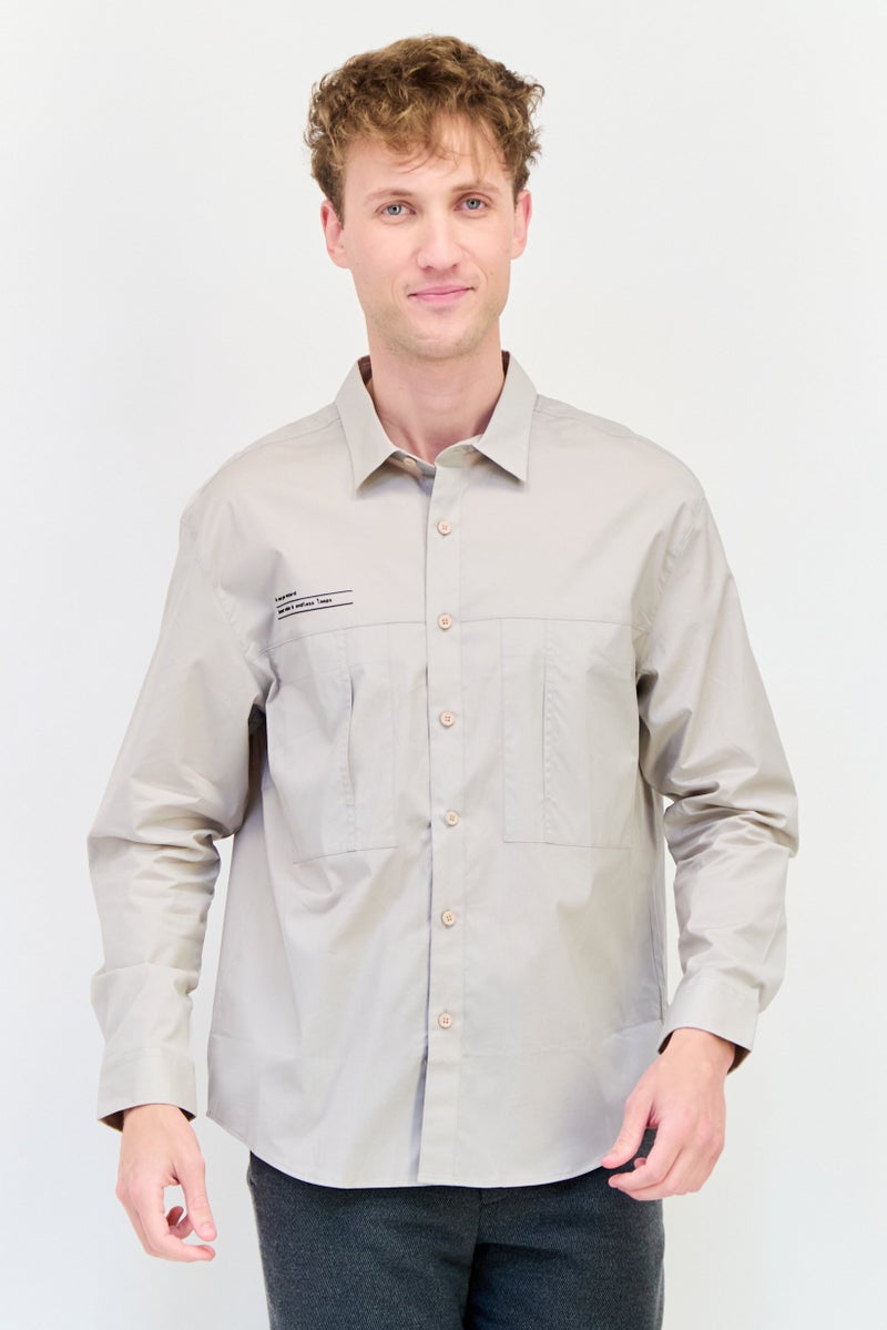 SELECTED Men Drop Shoulder Fit Plain Long Sleeve Casual Shirt, Grey - Image 1