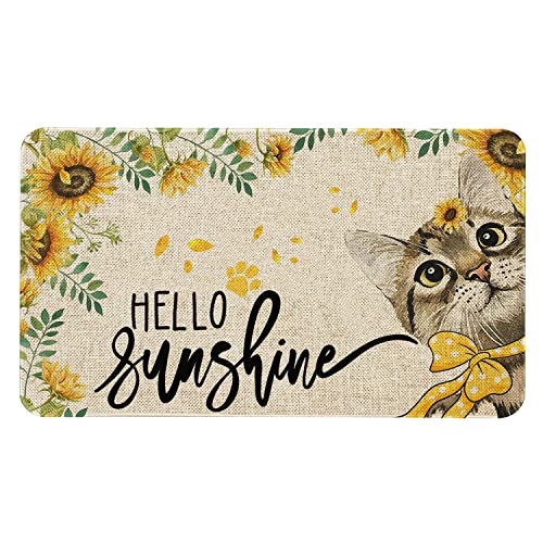Roszwtit Spring Summer Door Mat 30 X 17 Inch Hello Sunshine Cat Doormat Indoor Outdoor Entrance Sunflower Floor Mat Non Slip Spring Summer Decor Rubber Welcome Mats - Image 1