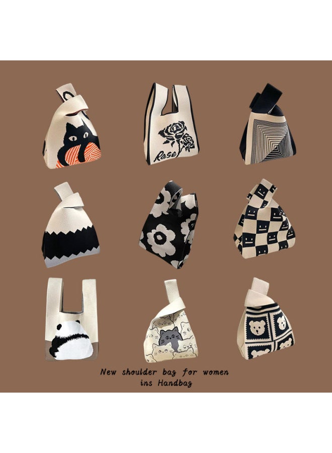 Knitted Bag Handbag Bucket Bag Tote Bag Woven Bag Women's Bag Women's Bag Vest Bag Simple Hand Gift-Color:Plaid Bear Head-Black  - Image 4