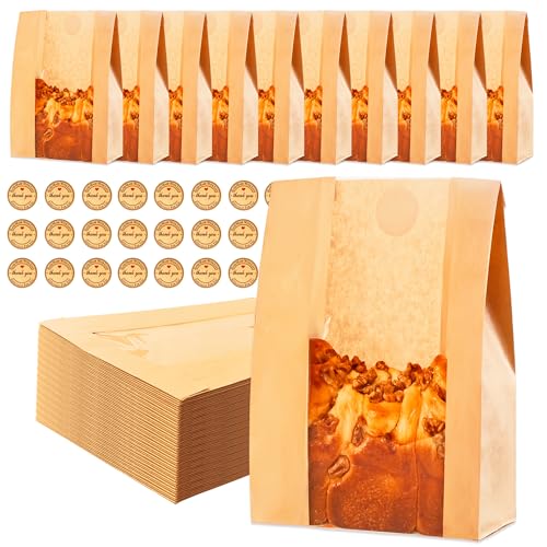 Homrelaxy 31pcs Paper Bread Bags for Homemade Bread, Sourdough Bag with Window, 13.7 x 8.3 x 3.5 Inch Large Brown Kraft Bakery Bags for Storing Loaves & Snacks, Includes 40 Sealing Stickers - Image 1
