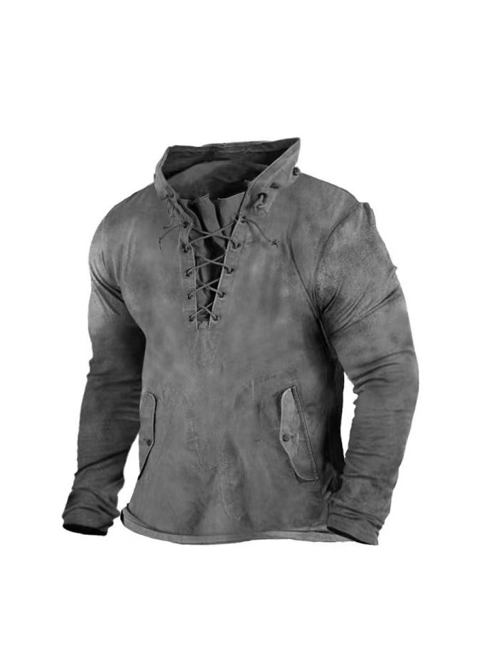 Loquat Men's Retro Outdoor Tactical Lace-up Hoodie Fall Solid Color Casual Hoodie