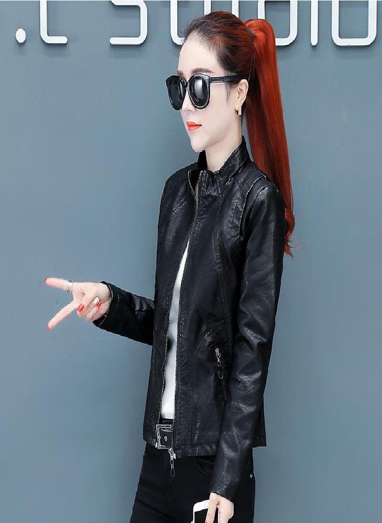 Eckek - Leather Jacket Women's Short Motorcycle Clothing Plus Size Women's Slim PU Leather Jacket - Image 1