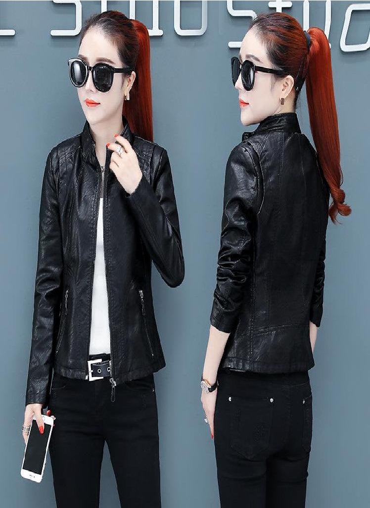 Eckek - Leather Jacket Women's Short Motorcycle Clothing Plus Size Women's Slim PU Leather Jacket - Image 1