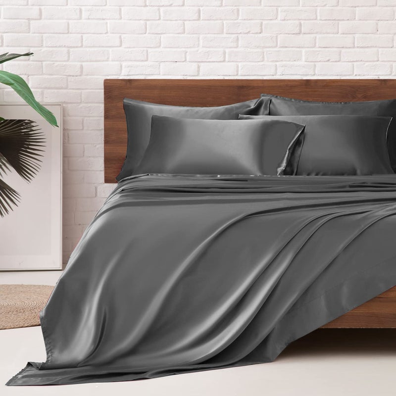 MRHM Satin Bed Sheets King Size Sheets Set 6 Pcs Silky Bedding Set with 15 Inches Deep Pocket for MattressKing Dark Grey