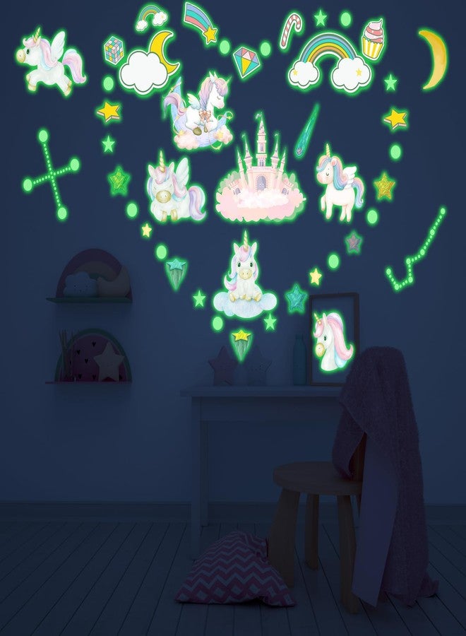 LONGMUU 979 PCS Glow in The Dark Unicorn Wall Decals, Luminous Unicorn Wall Stickers for Ceiling Glowing Stars Castle Moon and Rainbow Stickers for Girl's Bedroom （Green） - Image 2
