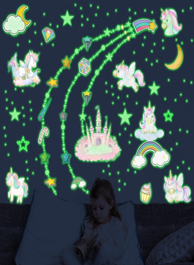 LONGMUU 979 PCS Glow in The Dark Unicorn Wall Decals, Luminous Unicorn Wall Stickers for Ceiling Glowing Stars Castle Moon and Rainbow Stickers for Girl's Bedroom （Green） - Image 1