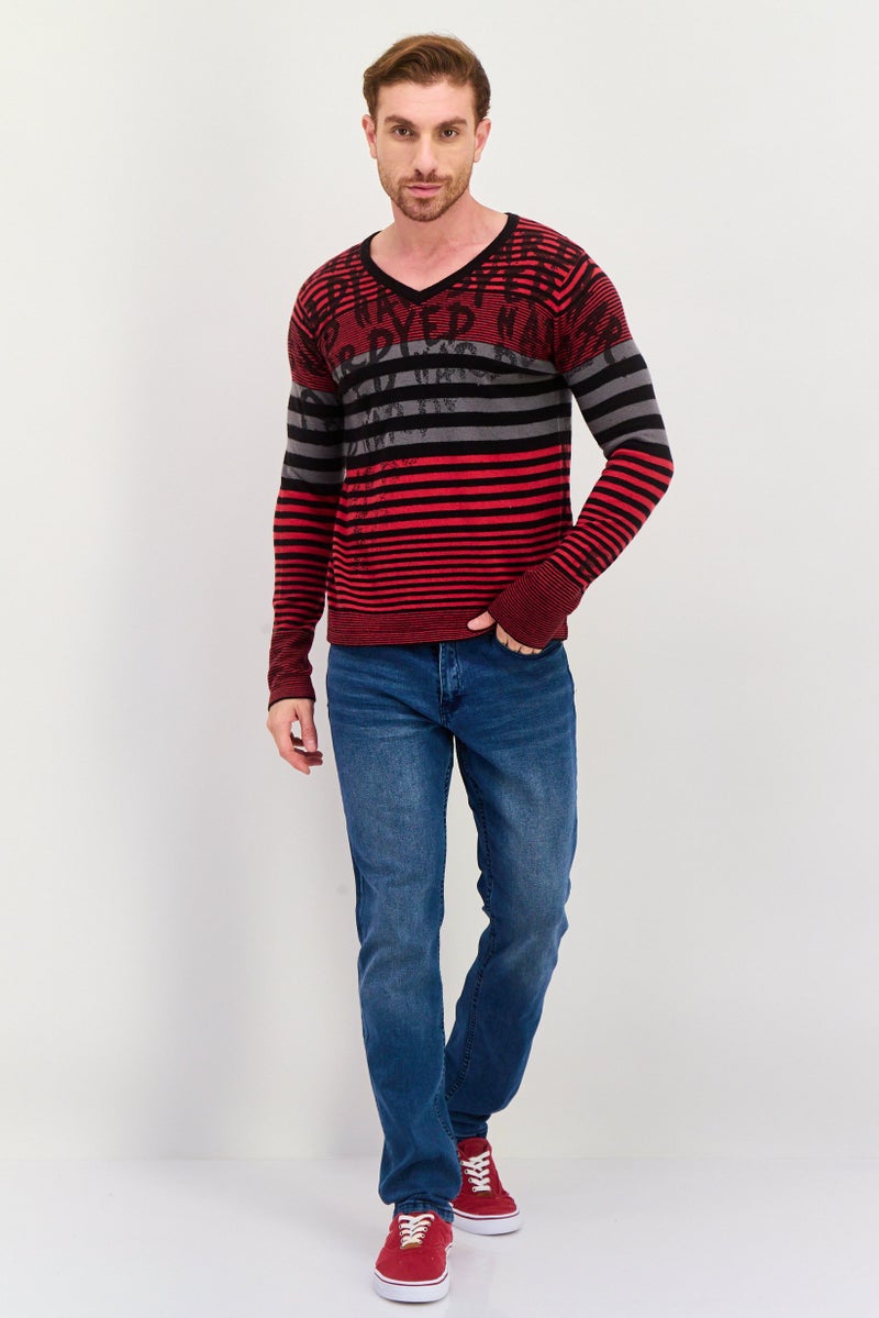 Ed Hardy Men V-Neck Striped Long Sleeves Sweater, Red - Image 2