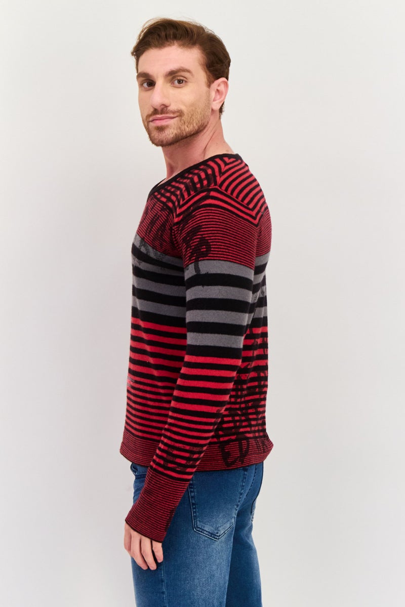 Ed Hardy Men V-Neck Striped Long Sleeves Sweater, Red - Image 4