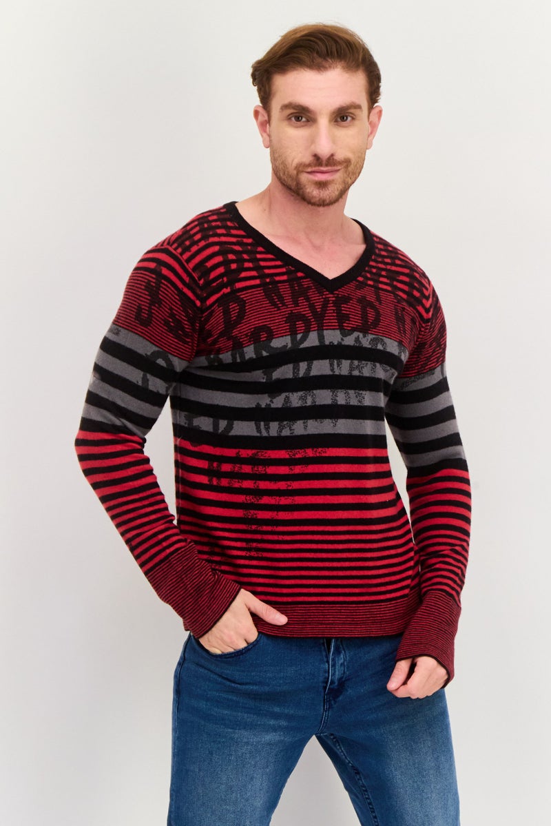 Ed Hardy Men V-Neck Striped Long Sleeves Sweater, Red - Image 1