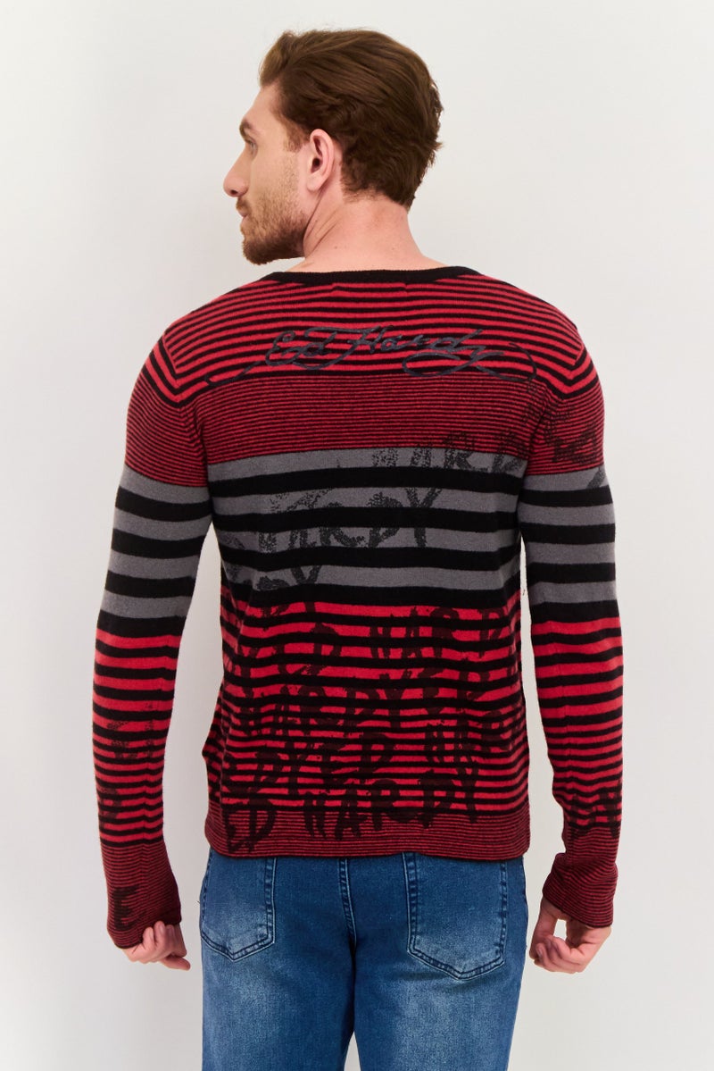 Ed Hardy Men V-Neck Striped Long Sleeves Sweater, Red - Image 3