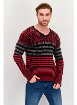 Men V-Neck Striped Long Sleeves Sweater, Red - pzsku/Z84E928FEE27C91211A61Z/45/_/1737642062/284617aa-a597-4fe3-b9a2-61e68b358b44