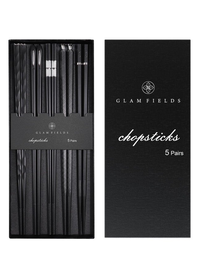 GLAMFIELDS 5 Pairs Premium Chopsticks Reusable Dishwasher Safe 9.5 Inch Fiberglass Chop Sticks Gift Set Non Slip Black + Silver  - Image 1