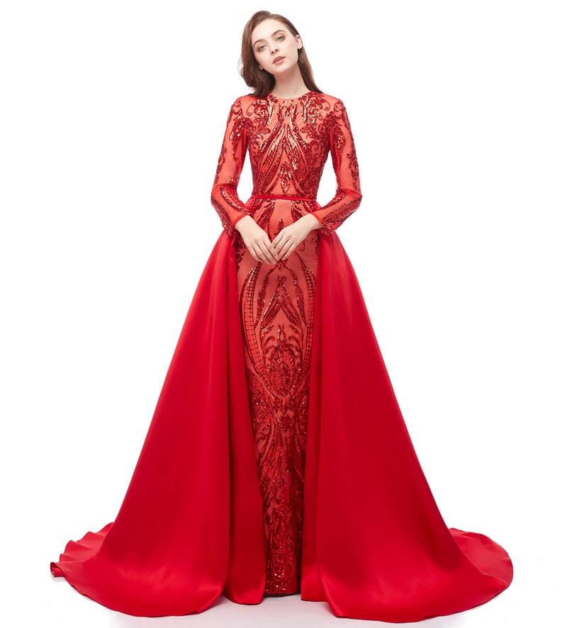 Ikerenwedding Satin Detachable Train for Wedding Prom Party Dress Sweep-Train Overskirt Red - Image 3