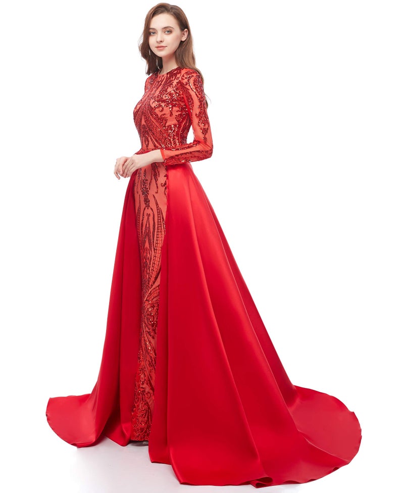 Ikerenwedding Satin Detachable Train for Wedding Prom Party Dress Sweep-Train Overskirt Red - Image 4
