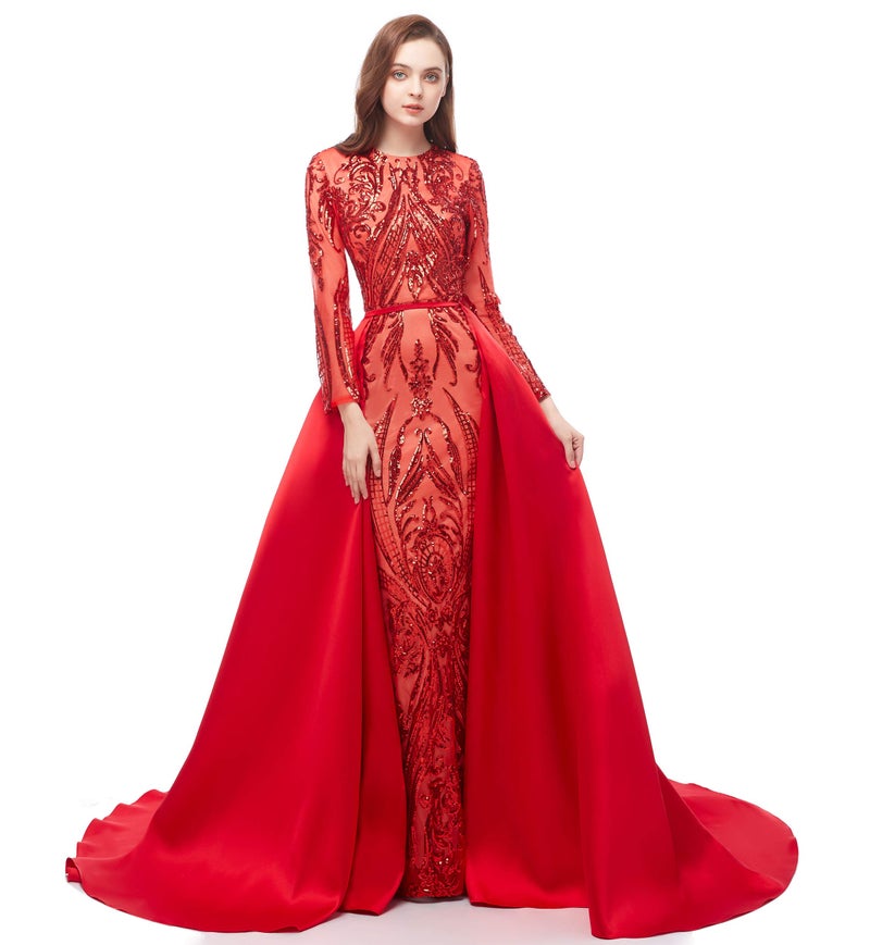 Ikerenwedding Satin Detachable Train for Wedding Prom Party Dress Sweep-Train Overskirt Red - Image 2