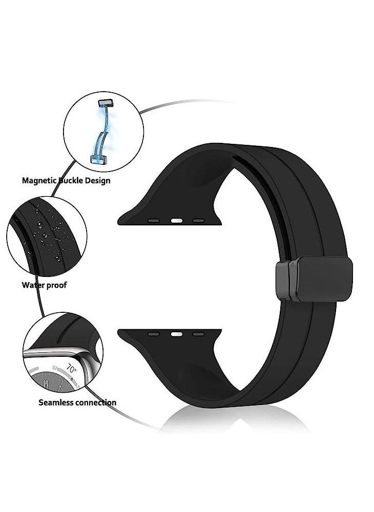 Generic - For Apple Watch Series Nike+ Sports Edition 44/45mm D-Shape Magnetic Clasp Silicone Replacement Sport Wristband Band - Black - Image 1