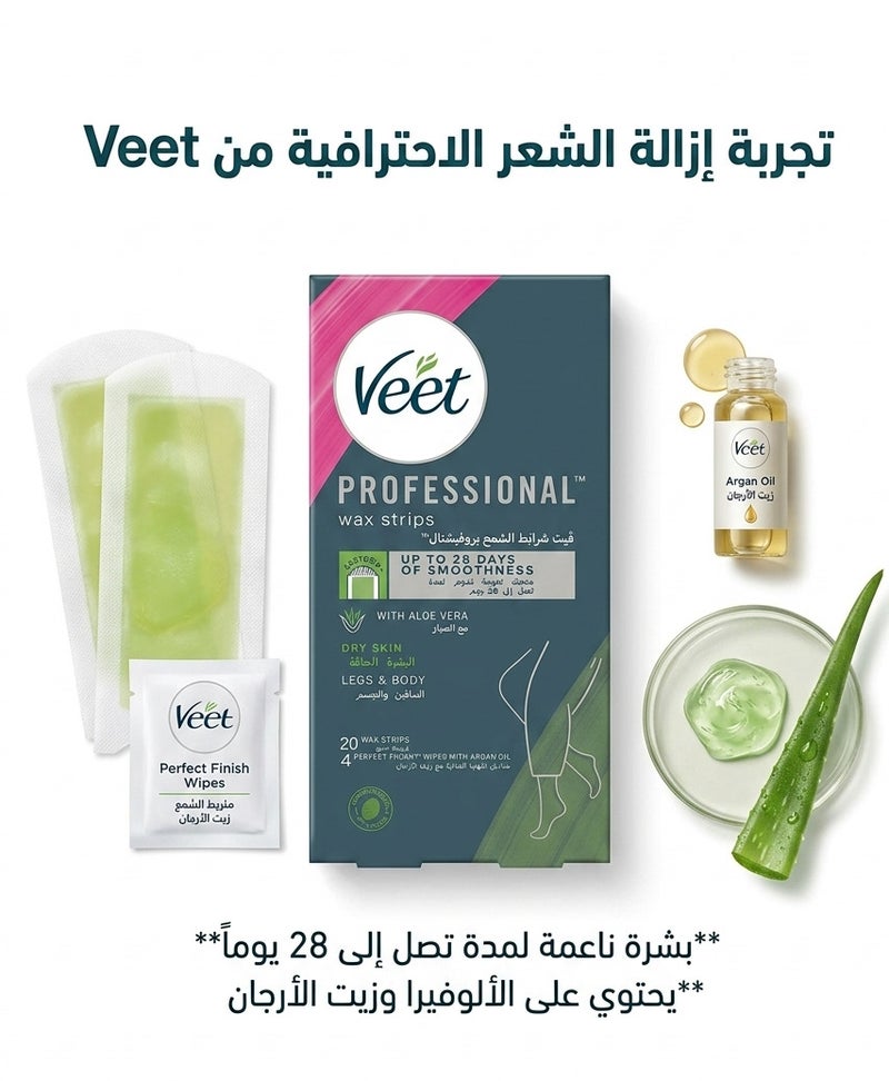 Veet Professional Wax Strips With Aloe Vera For Dry Skin Legs & Body - 20 Wax Strips & 4 Wipes - Image 2