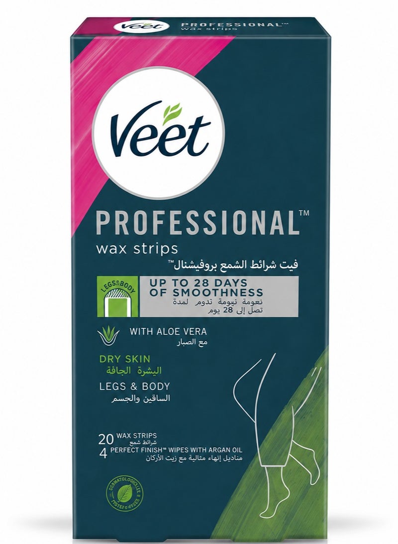 Veet Professional Wax Strips With Aloe Vera For Dry Skin Legs & Body - 20 Wax Strips & 4 Wipes - Image 1