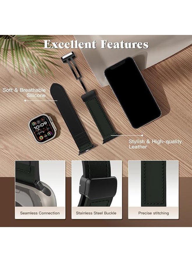 Magnetic Leather Band Compatible with Apple Watch Ultra/Ultra 2 49mm 45mm 44mm 42mm, Genuine Leather Magnetic Clasp Strap for iWatch Ultra SE 2 Series 8 7 6 5 4 3 2 1 for Men Women - Green - Image 4
