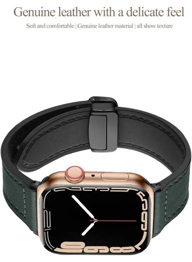 Magnetic Leather Band Compatible with Apple Watch Ultra/Ultra 2 49mm 45mm 44mm 42mm, Genuine Leather Magnetic Clasp Strap for iWatch Ultra SE 2 Series 8 7 6 5 4 3 2 1 for Men Women - Green - Image 5