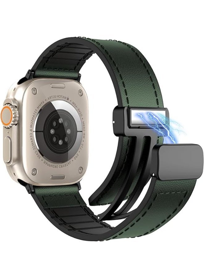 Magnetic Leather Band Compatible with Apple Watch Ultra/Ultra 2 49mm 45mm 44mm 42mm, Genuine Leather Magnetic Clasp Strap for iWatch Ultra SE 2 Series 8 7 6 5 4 3 2 1 for Men Women - Green - Image 1