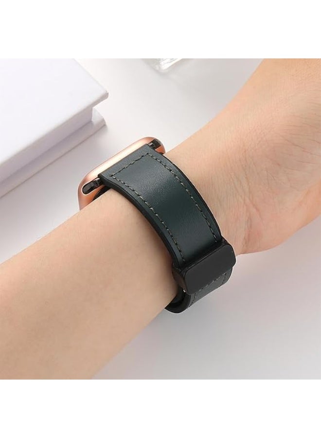Magnetic Leather Band Compatible with Apple Watch Ultra/Ultra 2 49mm 45mm 44mm 42mm, Genuine Leather Magnetic Clasp Strap for iWatch Ultra SE 2 Series 8 7 6 5 4 3 2 1 for Men Women - Green - Image 2
