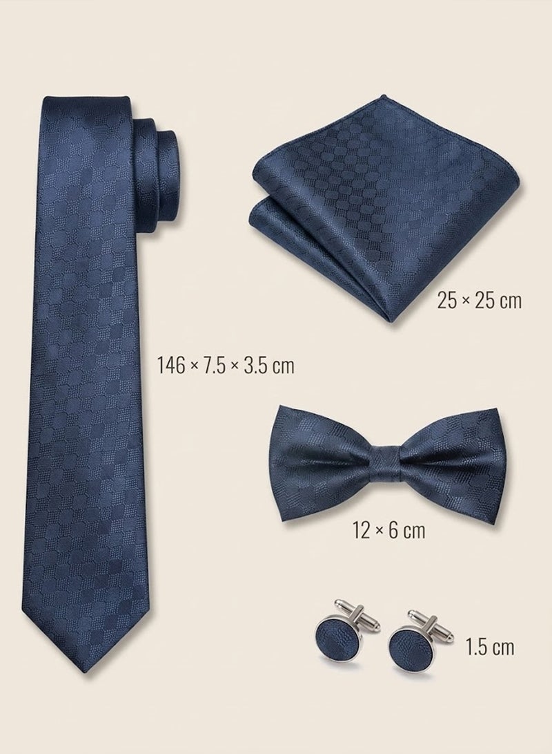 FIORICASA Men’s Premium 4-Piece Tie & Bow Tie Gift Set – Navy Check Texture Tie, Bow Tie, Pocket Square & Cufflinks - Image 2