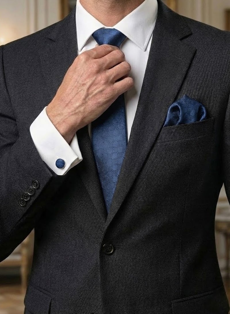 FIORICASA Men’s Premium 4-Piece Tie & Bow Tie Gift Set – Navy Check Texture Tie, Bow Tie, Pocket Square & Cufflinks - Image 3