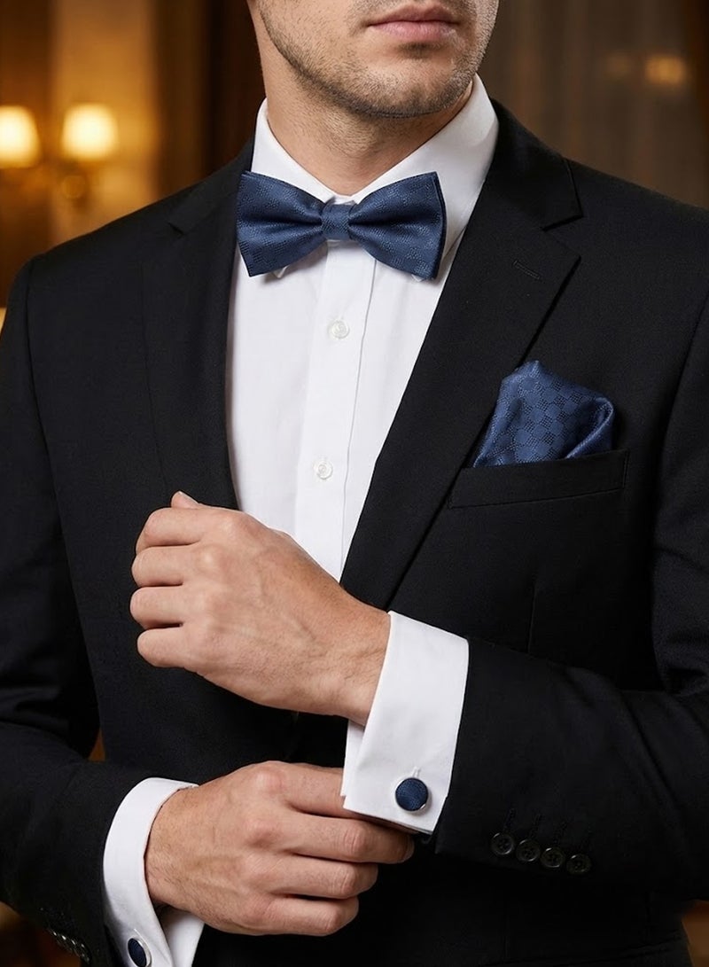 FIORICASA Men’s Premium 4-Piece Tie & Bow Tie Gift Set – Navy Check Texture Tie, Bow Tie, Pocket Square & Cufflinks - Image 4