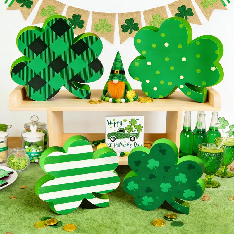 Cherica St Patricks Day Decorations Wooden Signs, Shamrock Shaped Table Decor, Lucky St Patricks Day Decortions for Home,Tiered Tray,Shelf,Mantel,Party in 4 Styles - Image 1